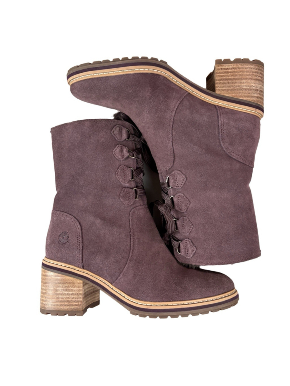 Timberland Womens 8 Plum Suede Lace Up Heeled Ankle Boots A297N